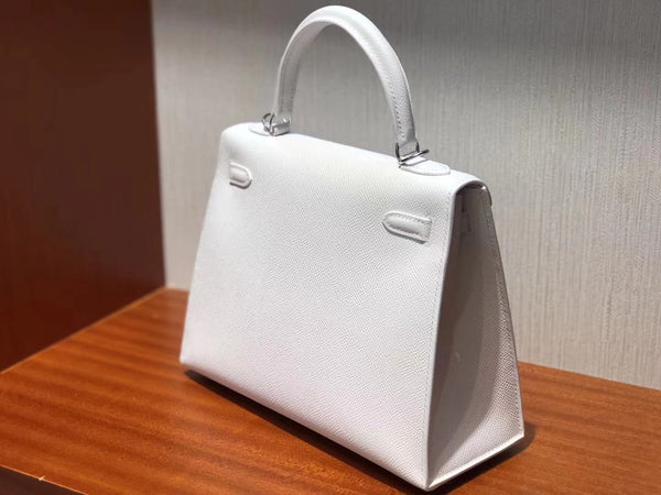 HM KELLY 25CM PURE WHITE EPSOM LEATHER HARDWARE ARGENTO