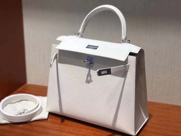 HM KELLY 25CM PURE WHITE EPSOM LEATHER HARDWARE ARGENTO
