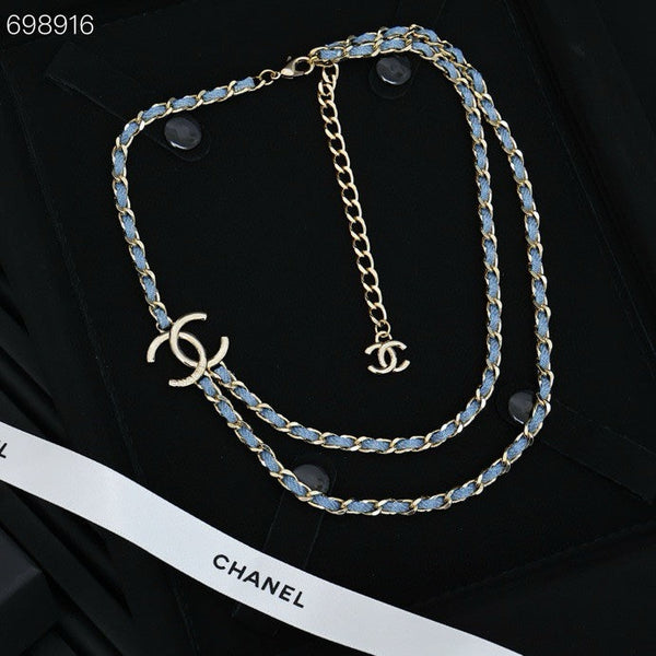NECKLACE DOUBLE C IN BLUE DENIM BLACK SILVER TWO-LAYER