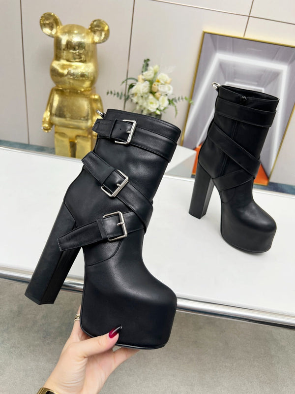 SL ANKLE BUCKLE BOOT PLATFORM BLACK SMOOTH CALFSKIN