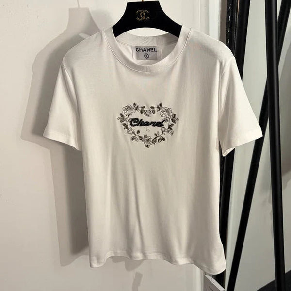 Chanel 2026 Rose Heart Embroidered T-shirt White Black Cotton 150138