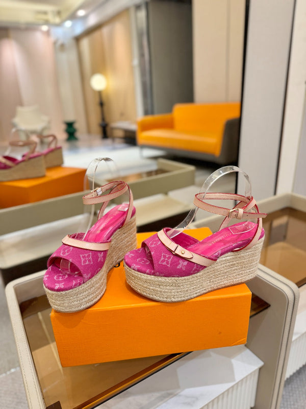 LV Helios Wedge Sandals Pink Monogram Denim & Leather 888643