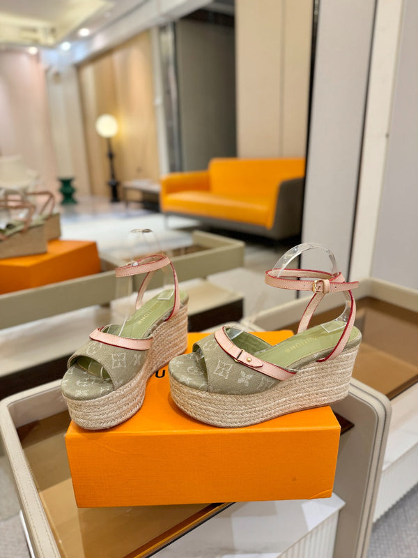 LV Helios Wedge Sandals Olive Green Monogram Denim & Leather 888645