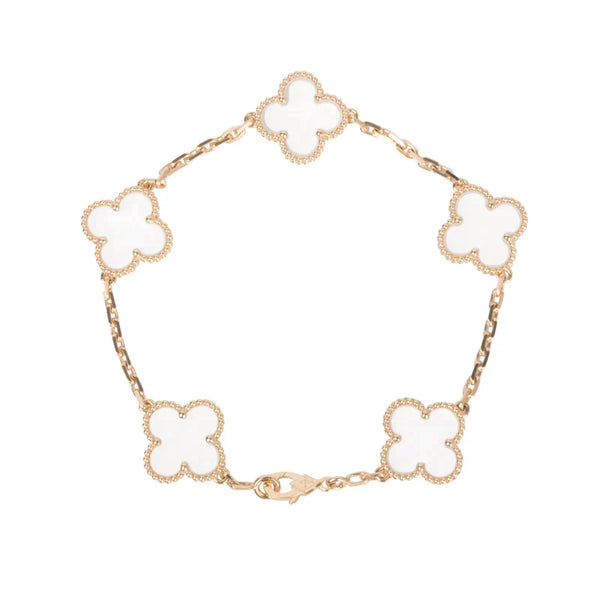 CLOVER 5 MOTIF ROCK CRYSTAL PINK GOLD BRACELET