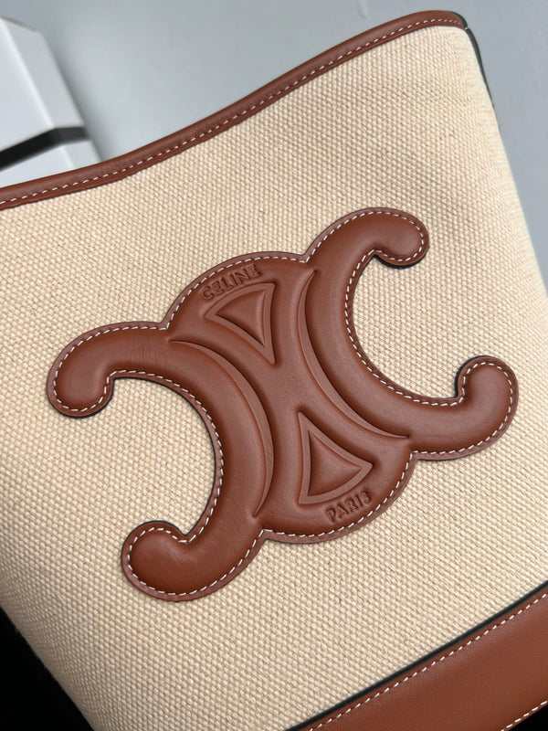 SECCHIELLO PICCOLO CUIR TRIOMPHE 24CM IN TESSUTO A RIGHE E PELLE DI VITELLO TAN