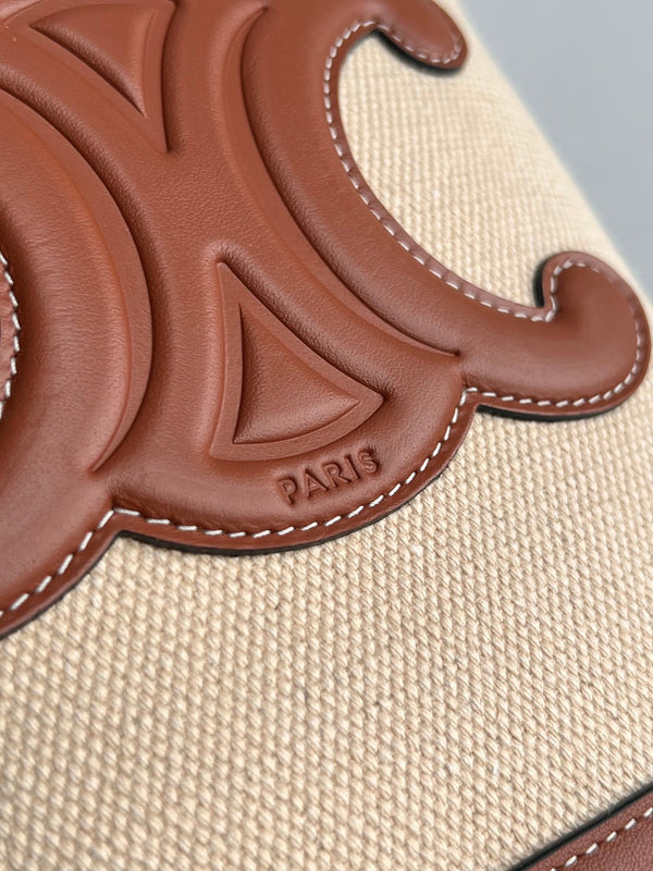 SECCHIELLO PICCOLO CUIR TRIOMPHE 24CM IN TESSUTO A RIGHE E PELLE DI VITELLO TAN