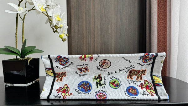 Medium CD Book Tote 36cm White Multicolor Dragon Zodiac Embroidery