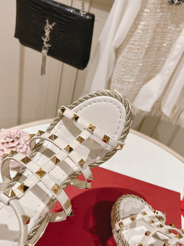 Rockstud Ankle Strap Wedge Sandal Calfskin White 10cm