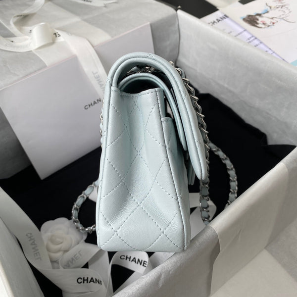 Medium Classic Flap Bag 23cm Light Blue Lambskin Silver Hardware
