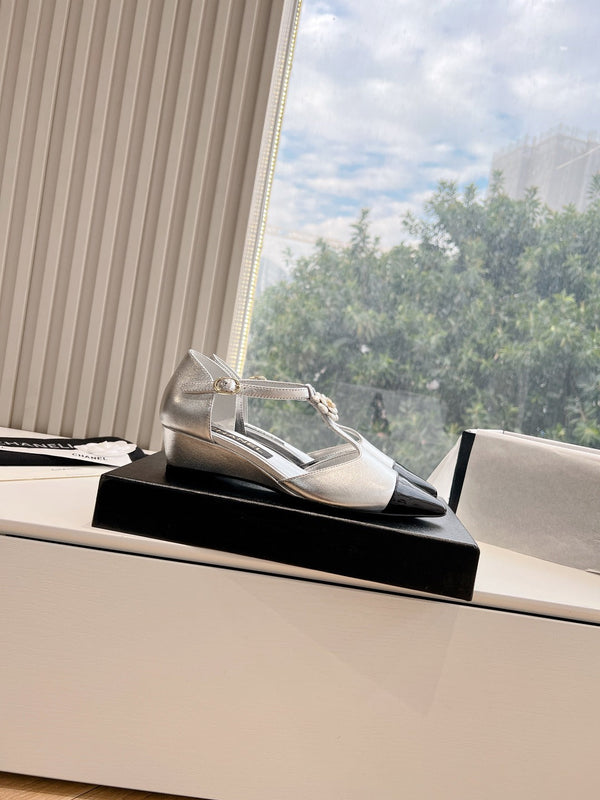 CC 25s Camellia T Strap Slingback 50mm Black Sliver Calfskin&Sheepskin 413324