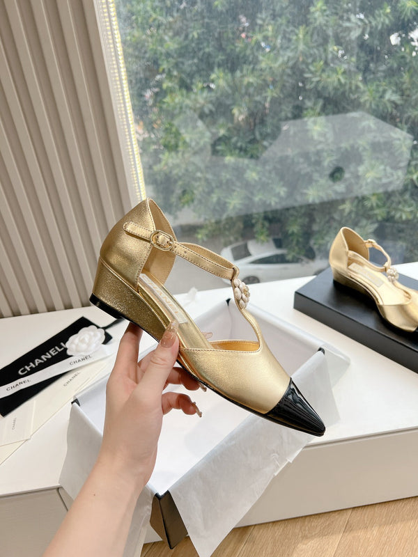 CC 25s Camellia T Strap Slingback 50mm Black Gold Calfskin&Sheepskin 413325