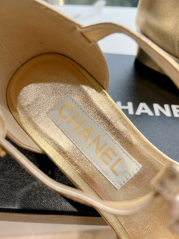 CC 25s Camellia T Strap Slingback 50mm Black Gold Calfskin&Sheepskin 413325