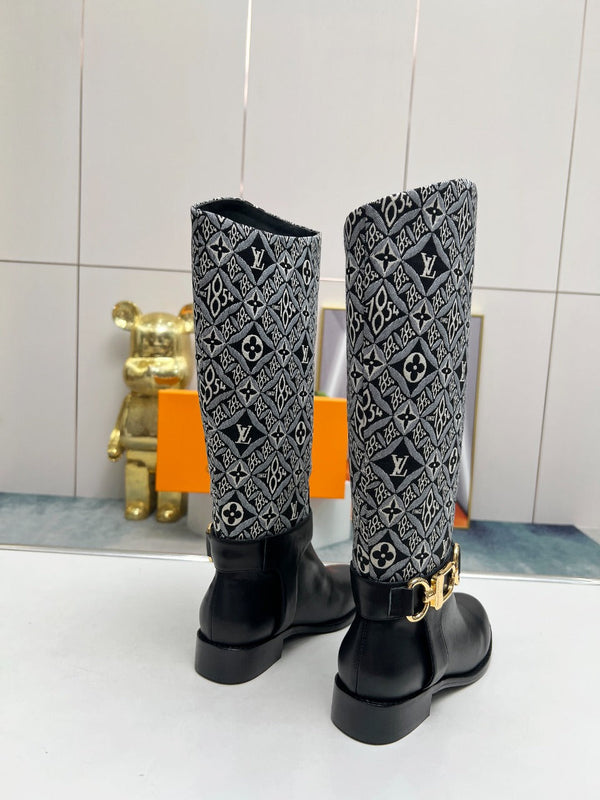 LV Westside Flat High Boot 40mm Black Mix White Monogram Lambskin