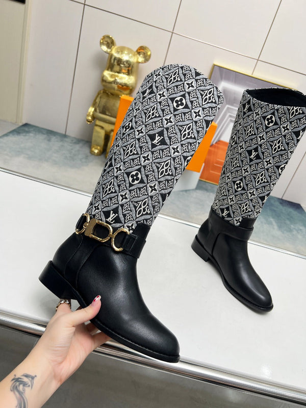 LV Westside Flat High Boot 40mm Black Mix White Monogram Lambskin