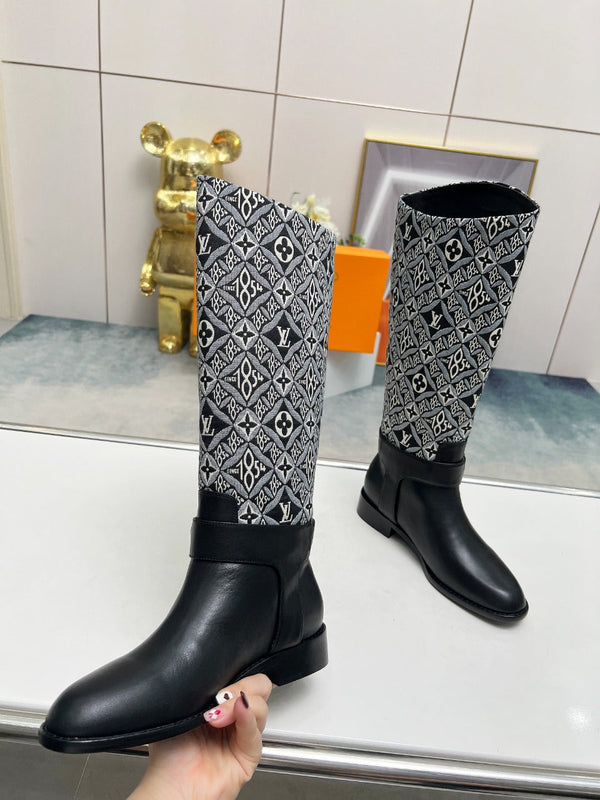 LV Westside Flat High Boot 40mm Black Mix White Monogram Lambskin