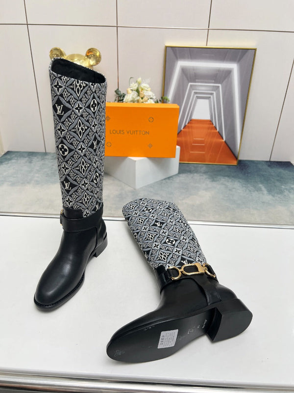 LV Westside Flat High Boot 40mm Black Mix White Monogram Lambskin