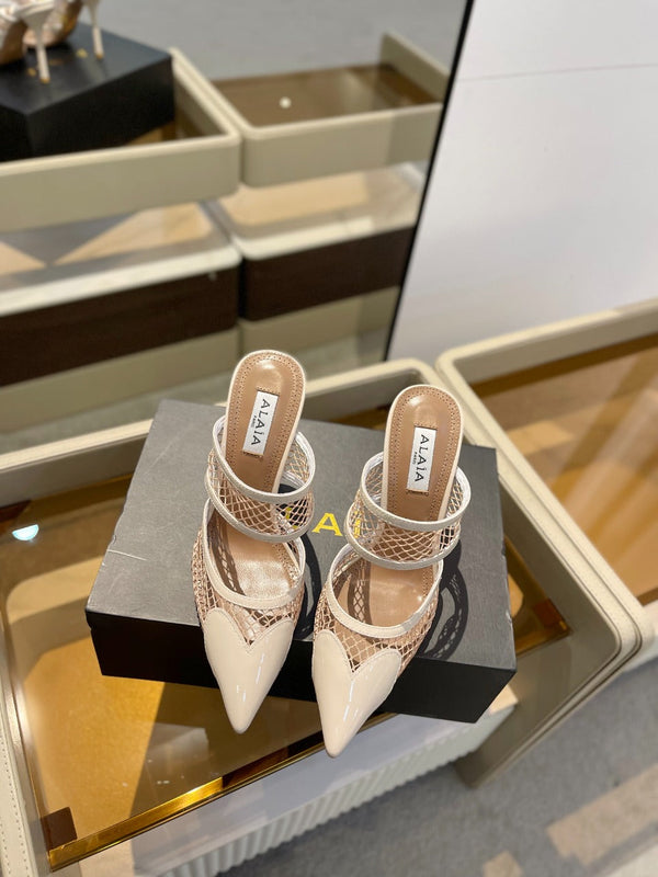 alaia mule 110 fishnet cream heart lambskin