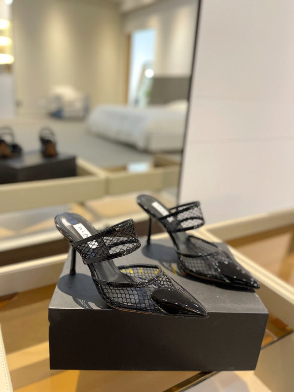 alaia mule 85 fishnet black heart lambskin