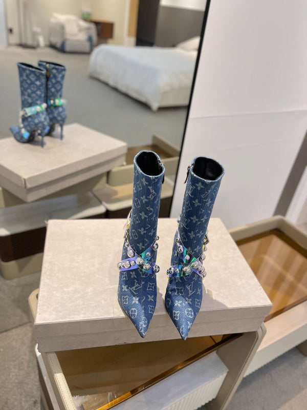 Stivaletti LV 100mm Tessuto jacquard monogramma blu