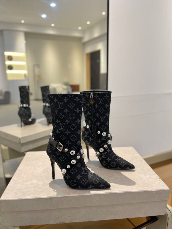 LV Ankle Boots 100mm Black Monogram Jacquard Fabric