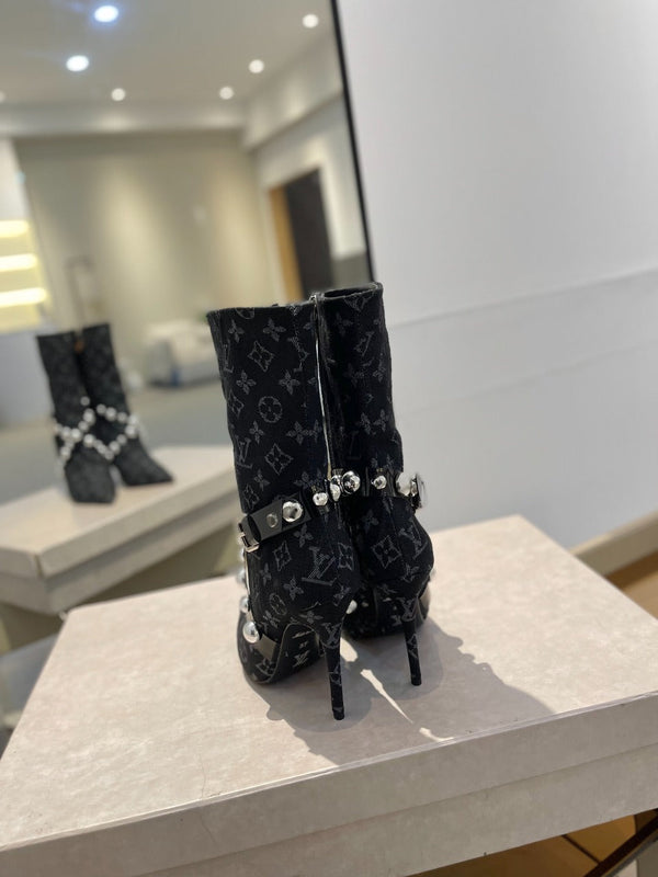 LV Ankle Boots 100mm Black Monogram Jacquard Fabric
