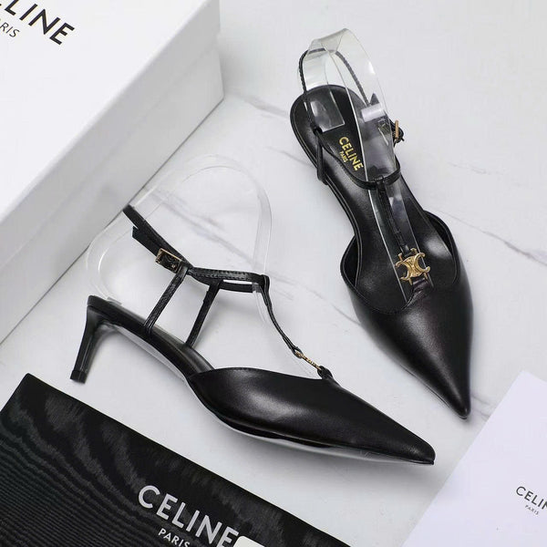 Cel High Heel 5cm Slingbacks in Black Gold Logo Calfskin