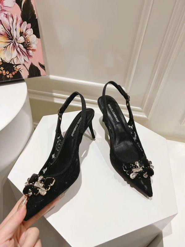 D&G High Heel Slingback Pumps Rhinestones in Black Lurex Lace