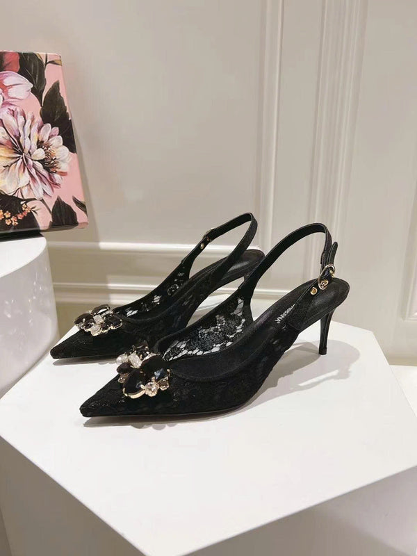 D&G High Heel Slingback Pumps Rhinestones in Black Lurex Lace