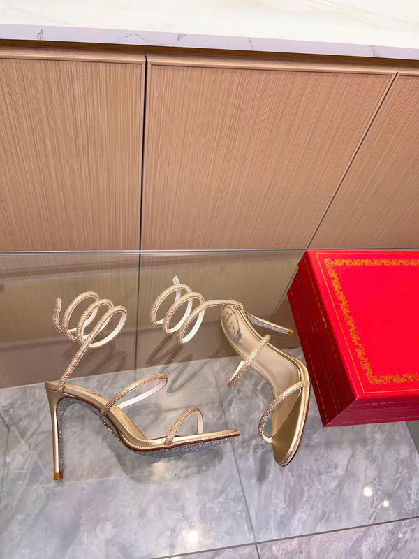 RC Cleo 95 mm Crystal-Embellished Sandals Gold Satin Leather