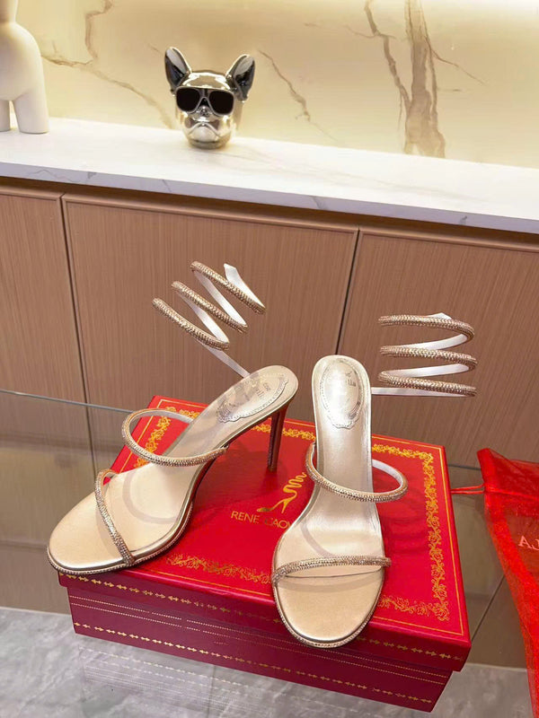 RC Cleo 95 mm Crystal-Embellished Sandals Gold Satin Leather