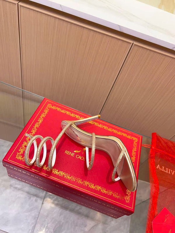 RC Cleo 95 mm Crystal-Embellished Sandals Gold Satin Leather