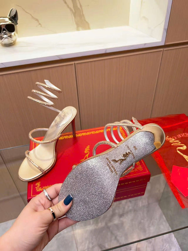 RC Cleo 95 mm Crystal-Embellished Sandals Gold Satin Leather