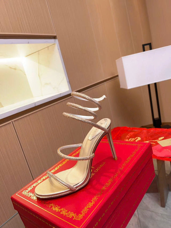 RC Cleo 95 mm Crystal-Embellished Sandals Gold Satin Leather