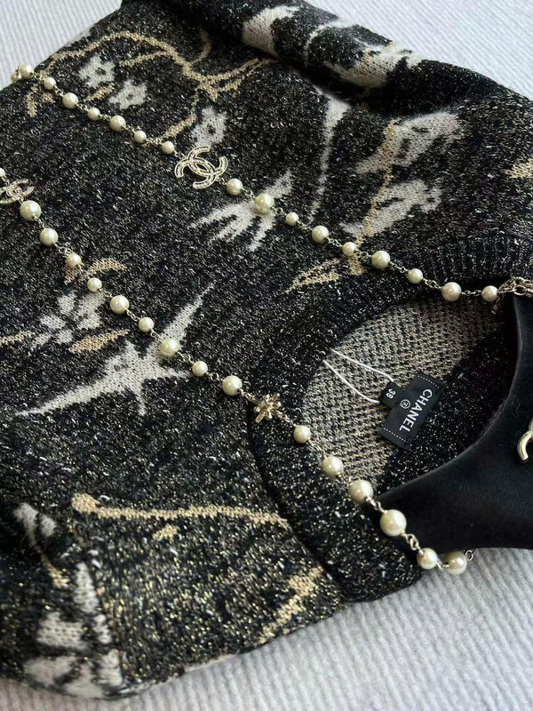 Maglione CC in lana blu navy e oro con pellicola metallica