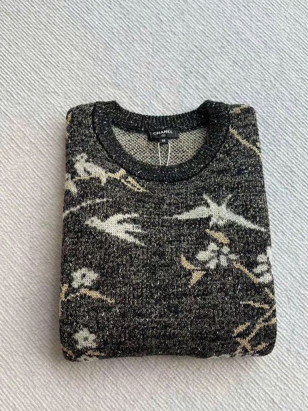 Maglione CC in lana blu navy e oro con pellicola metallica