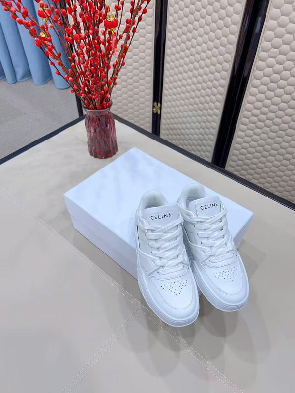 Celin Low Lace-Up Trainers in White PVC Leather