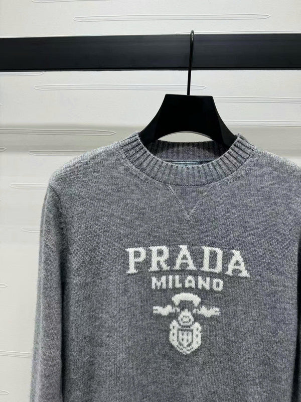 Prad Logo Crew-Neck Sweater in Natural Wool