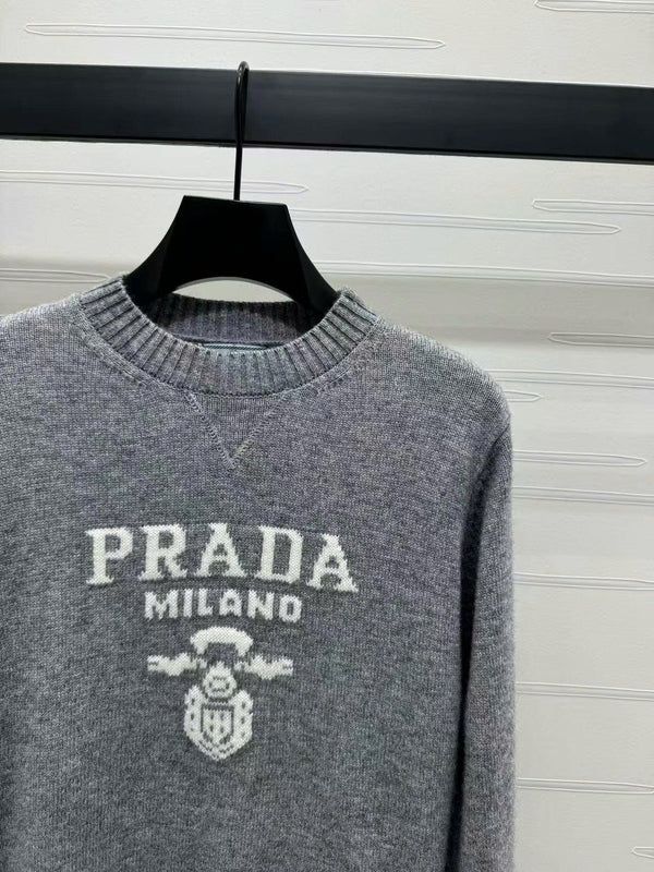 Prad Logo Crew-Neck Sweater in Natural Wool