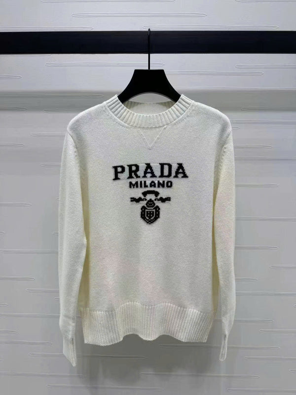Prad Logo Crew-Neck Sweater in Natural Wool