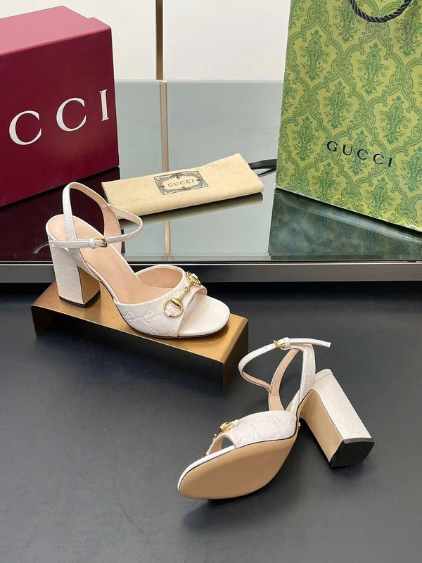 GG Horsebit High Heel Sandals Embossed Logo in White Cowhide
