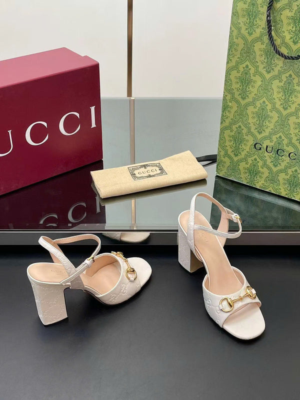 GG Horsebit High Heel Sandals Embossed Logo in White Cowhide