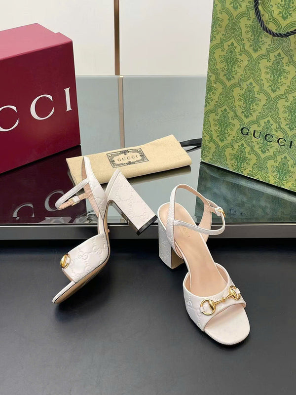 GG Horsebit High Heel Sandals Embossed Logo in White Cowhide