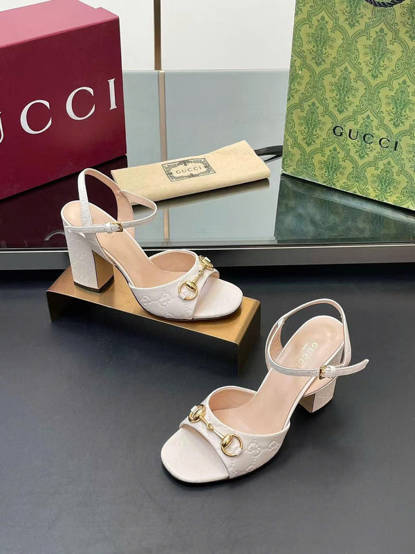 GG Horsebit High Heel Sandals Embossed Logo in White Cowhide