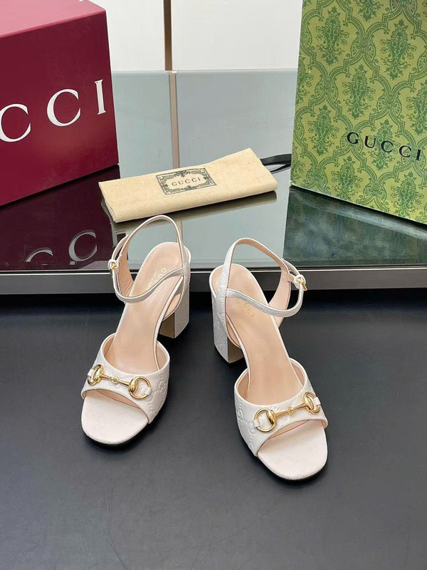 GG Horsebit High Heel Sandals Embossed Logo in White Cowhide