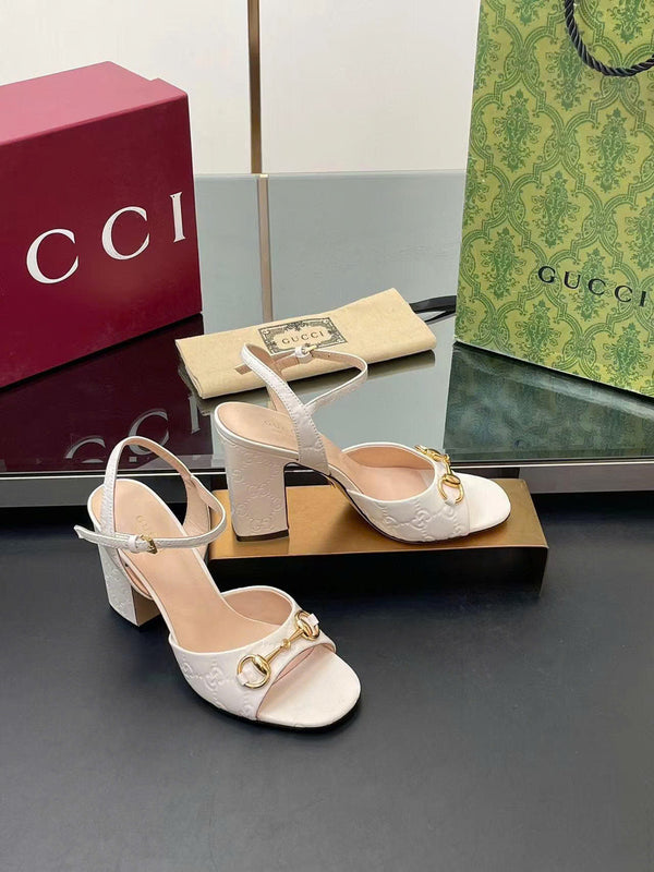 GG Horsebit High Heel Sandals Embossed Logo in White Cowhide