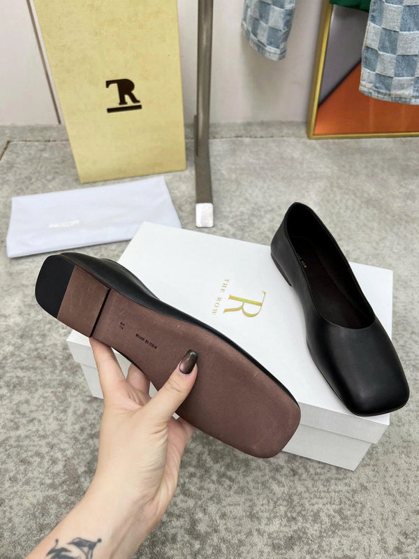The Row square ballet flats black cowhide