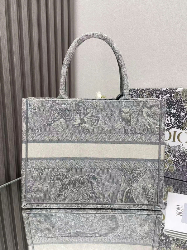 Sac cabas CD Book moyen 36 cm Tigre brodé gris argenté