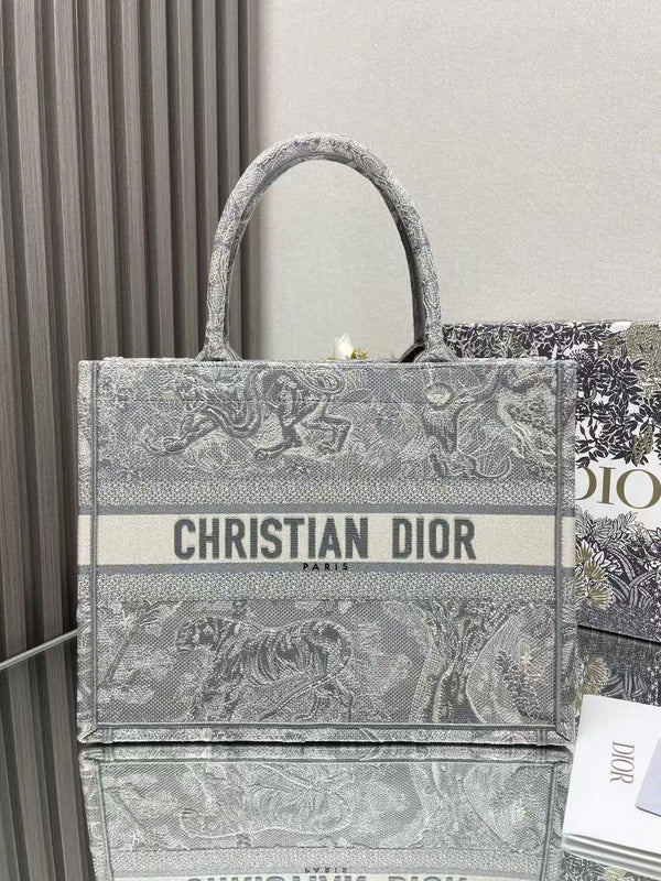 Sac cabas CD Book moyen 36 cm Tigre brodé gris argenté