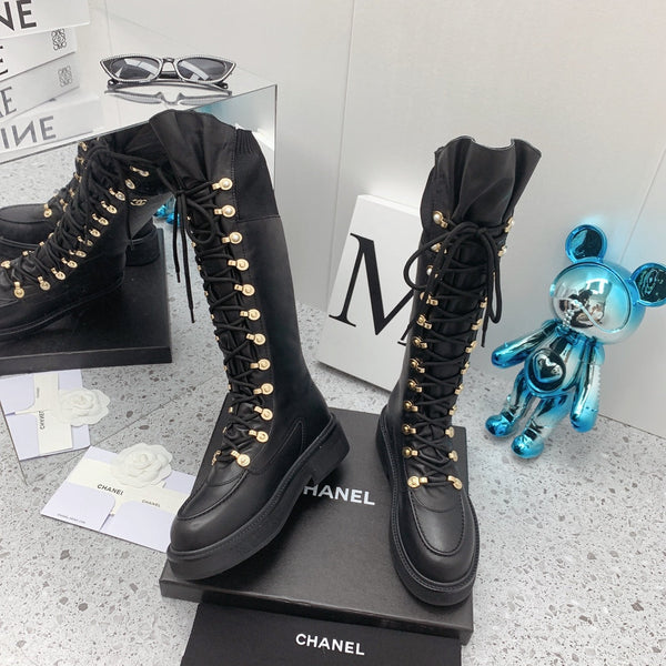 CC 2026 Knit Lace Up Combat Boots Black Calfskin 162215