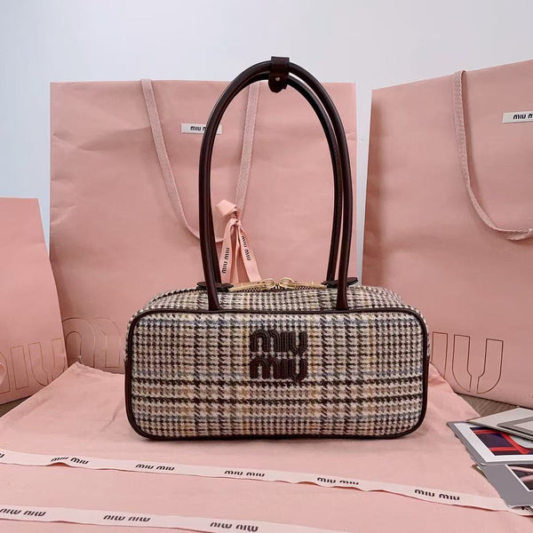 Sac à main Miu 5BB147 28cm Tweed Marron Beige